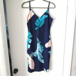 Shein Tropical Print Spaghetti Strap V-Neck Navy Slip On Dress